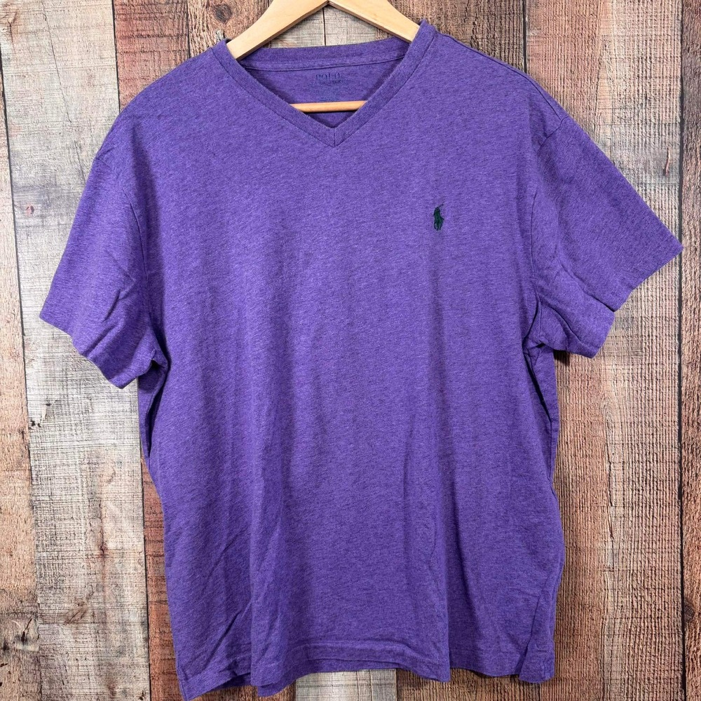 Polo Ralph Lauren Mens Large Purple V-Neck Shirt Classic Fit Cotton Short Sleeve